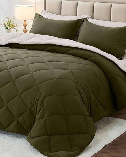 MUXHOMO 5 Pieces Twin Comforter Set, Reversible Bed in a Bag Twin Size, All Season Bedding Set with Comforter, Flat Sheet, Fitted Sheet, Pillowcases & Shams, Olive Green & Beige