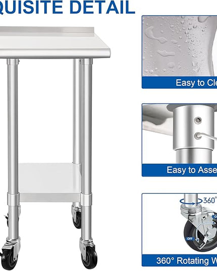 HARDURA Stainless Steel Commercial Work Table with Wheels Prep & Work Metal Table 24×18 Inches Heavy Duty NSF with Casters and 2" Backsplash
