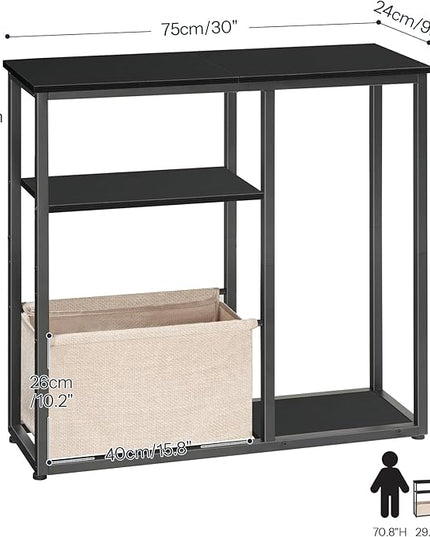 HOOBRO 30" Console Table with Linen Storage Basket, Small Entryway Table with 3-Tier Storage Shelves, Sofa Table, Behind Couch Sofa Table, Narrow Hallway Table, Black and Beige BF60XG01