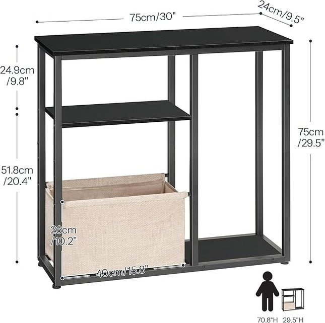 HOOBRO 30" Console Table with Linen Storage Basket, Small Entryway Table with 3-Tier Storage Shelves, Sofa Table, Behind Couch Sofa Table, Narrow Hallway Table, Black and Beige BF60XG01