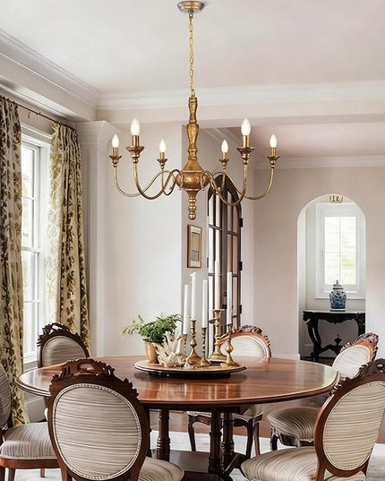 6-Light Antique Gold Chandelier for Dining Room, Farmhouse Rustic Chandelier, Adjustable Vintage Hanging Light Fixture for Bedroom, Kitchen, Living Room, Entryway, Foyer