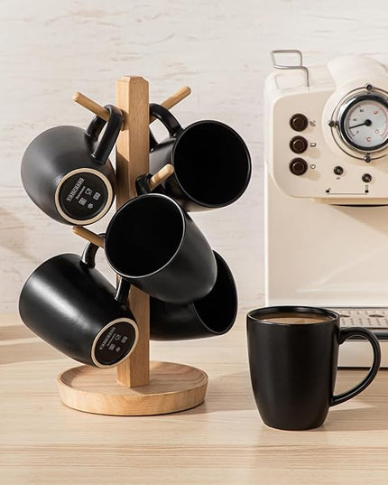vancasso PLAYA Ceramic Coffee Mug Set of 6, 12 Oz Tea Cups with Handle for Latte, Tea, Cappuccino, Milk, Cocoa, Microwave&Dishwasher Safe, Black