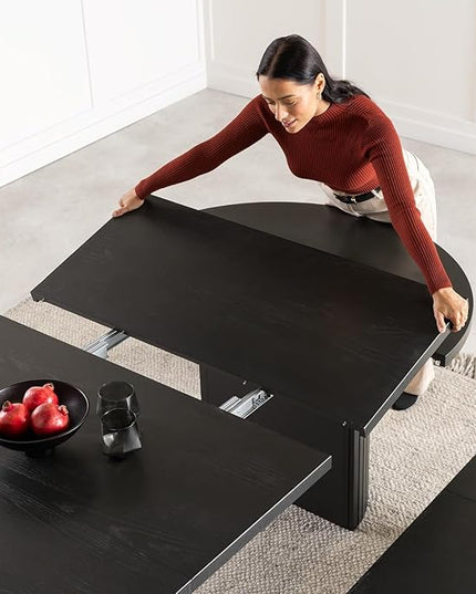 Transformer Table - Solid Wood Extendable Round Dining Table Set with Sideboard Panel Storage Cabinet, Extendable Round Dining Set, Smoked Hickory, Black Finish (Table + Storage)