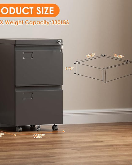 METAN 2 Drawer Vertical File Cabinet with Lock, Mobile Metal Filing Cabinet for Legal/Letter Size, Office Storage File Cabinet Under Desk with Card Holder,Assembly Required, Black