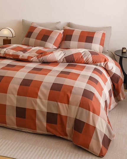 CLOTHKNOW Rust Plaid Twin/Twin XL Comforter Set 3Pcs Buffalo Check Bedding Comforter Sets Plaid Comforter Soft Lightweight Fluffy