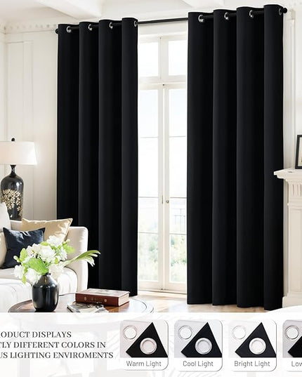 Yakamok 100% Blackout Curtains Black Room Darkening Thermal Insulated Window Curtain with 2 Thick Layers-Set of 2 Panels Grommet Top Drapes for Bedroom Living Room 52 Inches by 63 Inches Length