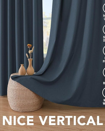 H.VERSAILTEX Linen Blackout Curtains 84 Inches Long 100% Absolutely Blackout Thermal Insulated Textured Linen Look Curtain Draperies Anti-Rust Grommet, Energy Saving with White Liner, 2 Panels, Navy