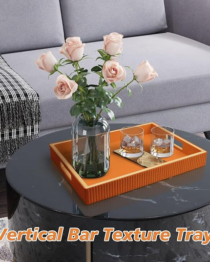 SANZIE Leather Tray Desktop Storage Organizer Premium Serving Tray Decorative Tray Valet Tray for Sundries Cosmetics Phone Wallet Cutlery, Rectangular, Orange