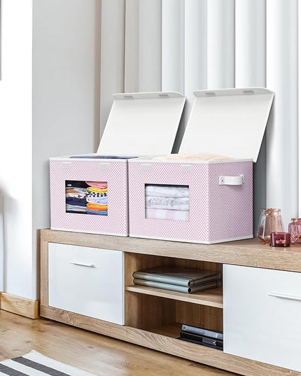 Univivi Fabric Foldable Storage Boxes [4-Pack] Large Collapsible Stackable Storage Bins with Lids, Closet Organizers and Storage Cube Basket for Home, Office, Bedroom (Pink, 17”x 12” x 12”)