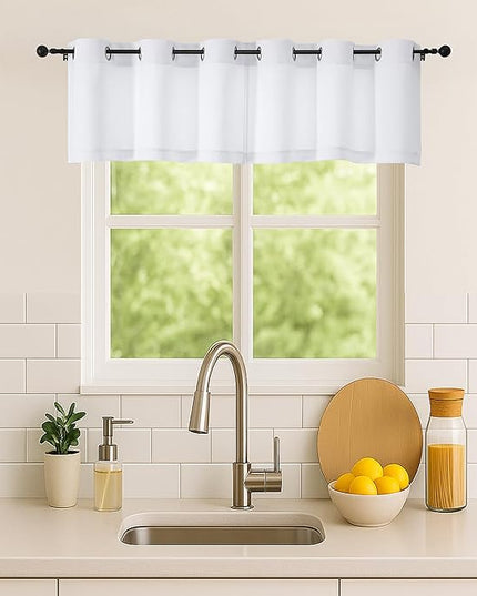 Simplebrand Pure White Window Valance for Kitchen 14 Inches Long 2 Panels Set, Light Filtering Valance Curtains for Living Room, Grommet Short Privacy Kitchen Curtains for Bedroom Kids Room, 40Wx14L