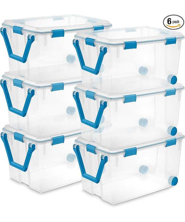 Sterilite 6-Pack Gasket Box, Weather-Resistant Storage Bins with Latching Lids, 120 Quart - Heavy-Duty Organizing Containers for Closet, Bathroom, and Office