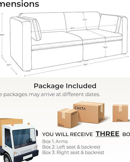CHITA Small Modular Sectional Fabric Sofa Set, Extra Comfty Loveseat Cloud Couch, FSC Certified Modular Sectional Couch for Living Room, 78 inch Width,2 Seat Modular Sofa, Grey
