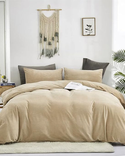 Houseri King Velvet Comforter Set Taupe Fluffy Light Khaki Bedding Sets Women Men Fuzzy Comforter King Size Tan Flannel Puffy Cream Beige Micromink Sherpa Bed Quilt King Warm Soft Comfy Winter Blanket