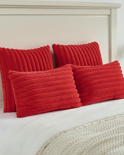 FUTEI Christmas Red Throw Pillow Covers Set of 2, 24x24 Inch Striped Texture European Cushion Cases with Soft Faux Rabbit Fur Front & Velvet Back, Modern Decorative Couch Pillows for Living Room