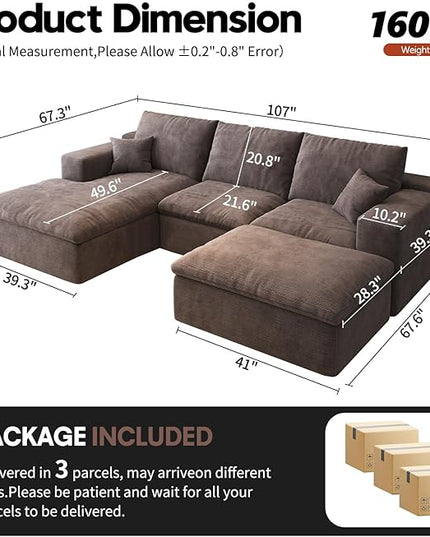 107'' U-Shaped Modern Modular Sectional Cloud Couch Whit Ottoman, 4-Seat Chenille Deep-Seat Sofa with Pillow for Living Room, Bedroom, Apartment, Camel