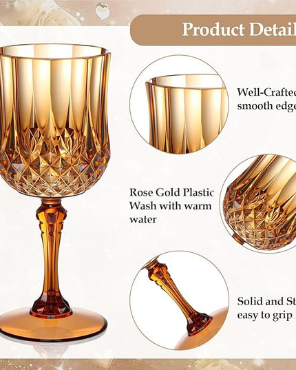 XUWAIDSGN 7oz Plastic Vintage Wine Glasses Drinking Glasses Unbreakable Wedding Glassware Crystal Water Goblets Reusable Drinkware Vintage Champagne Flutes (48, Brown)