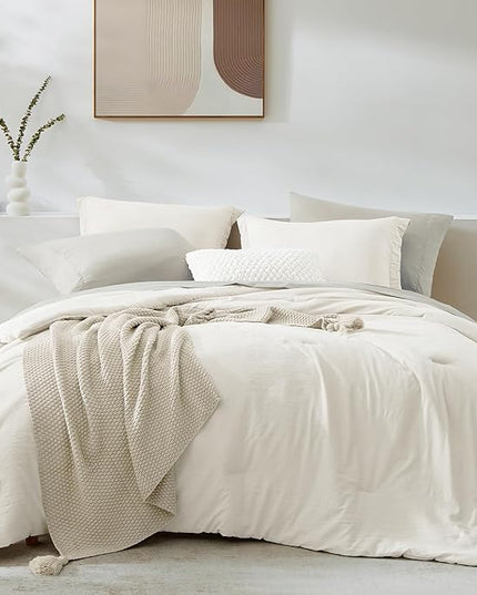 WRENSONGE Full Size Comforter Set- 7 Pieces White Bed in a Bag Full Size Comforter with Fitted Sheet, Flat Sheet, 2 Pillow Shams, 2 Pillowcases, Warm Bedding Sets for All Season