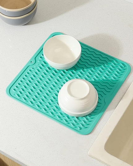 Silicone Dish Drying Mat for Multiple Usage,Easy clean,Eco-friendly,Heat-resistant Silicone Mat for Kitchen Counter or Sink,Refrigerator or Drawer liner Mint M 12 inches x 12 inches
