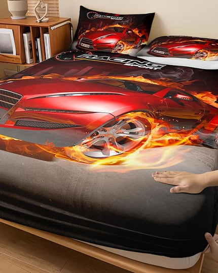 AILONEN Red Racing Car Fitted Sheet Set Twin Size, Boys Extreme Sports Sheet Set for Kids,Cool Speed Automobile Bedding Set,1 Fitted Sheet 2 Pillowcases,3-Piece,Soft Microfibre
