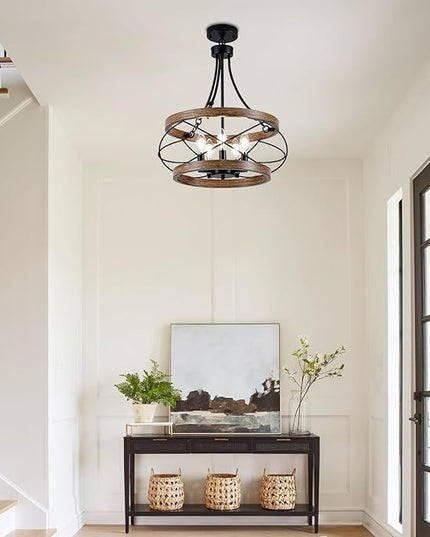 5-Light Farmhouse Chandelier, 17.72" Rustic Drum Dining Room Light Fixture, Vintage Wood Finish Metal Hanging Pendant Lighting, Industrial Candle Chandeliers for Living Room Kitchen Entryway Bedroom