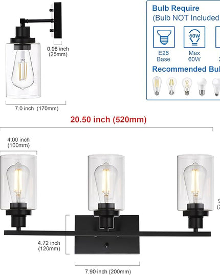 MELUCEE Bathroom Vanity Light Fixtures 24 Inches Length 3 Lights Wall Sconce Black with Clear Glass Shade for Bedroom Living Room Hallway Kitchen (Patent No.: US D963914 S)
