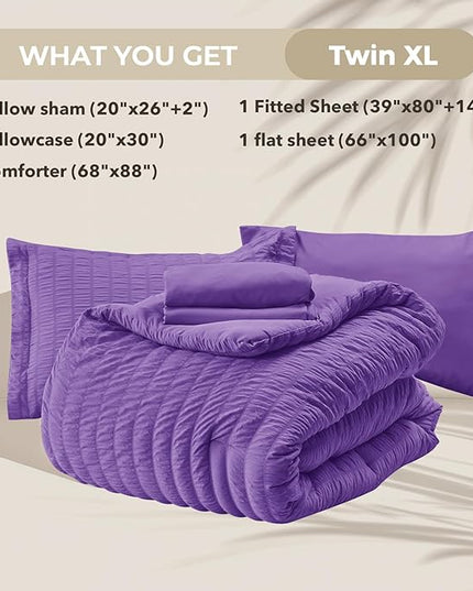 HYMOKEGE Dark Purple Twin XL Comforter Set Seersucker 5 Pieces, All Season Luxury Bed in a Bag for Bedroom, Bedding Set with Comforter, Sheets, Pillowcase & Sham
