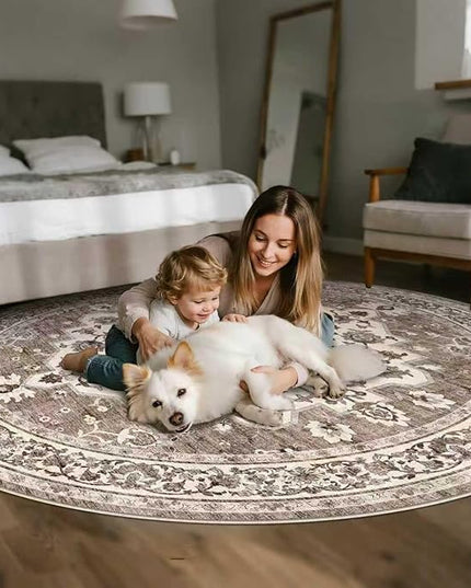 Washable Oriental Area Rug - 5ft Round Rugs for Living Room Soft Carpet for Bedroom Waterproof Floral Distressed Indoor Stain Resistant Non-Shedding Floor Carpets (Beige, 5ft-Round)