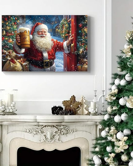 YONICA Christmas Wall Decor Santa Canvas Wall Art Home Decorations 32x24 Inches - Santa Pictures Santa Claus Drinks Beer to Celebrate Christmas Pine Tree Prints Winter Painting Xmas Artworks