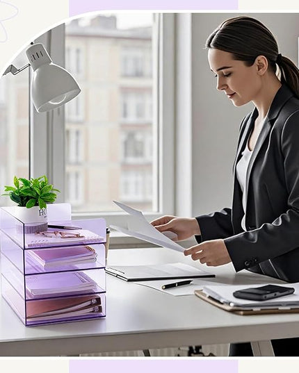 Harloon 4 Tier Acrylic Paper Tray 12.4 x 8.7 x 2.7 Inches Stackable Letter Clear Organizer No Need to Assemble Acrylic Paper File Organizer for Office Workspace Desktop Storage (Transparent Purple)