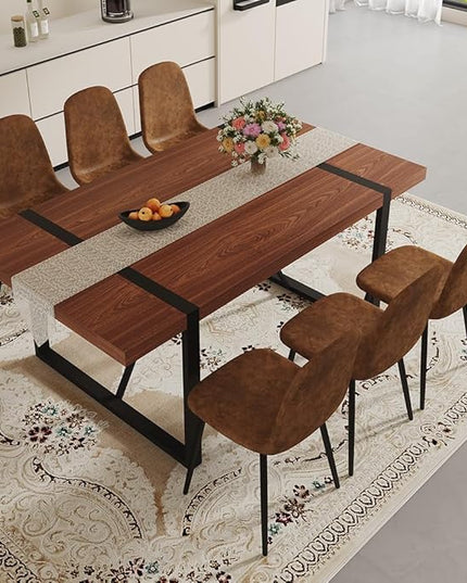 FURNITO Walnut Dining Table Set for 6, 71" Wood Kitchen Table Set with 6 Suede Nap Fabric Chairs, Modern Rectangular Dining Room Table and Chairs Set for Home, Kitchen, or Living Room