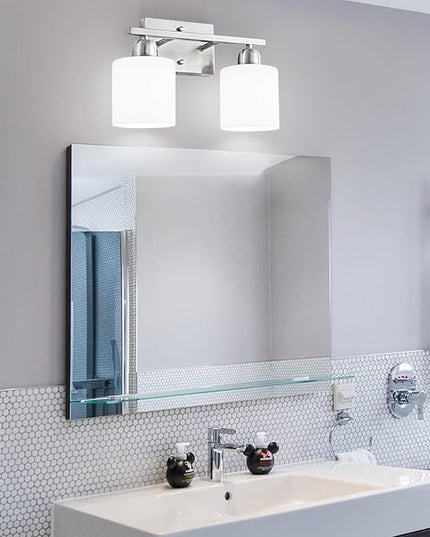 Brushed Nickel Bathroom Light, 2 Light Bathroom Vanity Light Brushed Nickel, Vanity Lamp with Milky White Frosted Glass Shades, E26 Socket