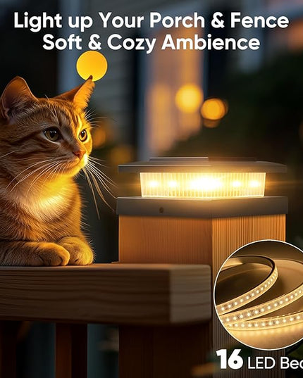 Solar Post Cap Lights: 6 Pack 4x4 Solar Powered Fence Lights for Wooden Vinyl Deck Lamp Post - 96 LEDs 2 Modes Warm & Cool White - Outdoor Waterproof Modern Classic Porch Lighting