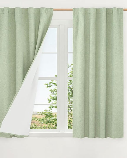 LAMIT Natural 100% Blackout Linen Curtains, 54 Inches Linen Textured Thermal Bedroom Curtains Back Tab and Rod Pocket Neutral Panels with White Liner for Farmhouse, 2 Panels, 38 x 54 Inch, Light Green