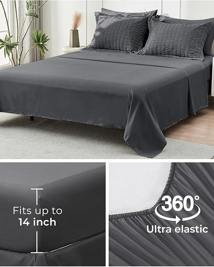 HYMOKEGE California King Comforter Set Seersucker 7 Pieces, All Season Luxury Bed in a Bag for Bedroom, Bedding Set with Comforters, Sheets, Pillowcases & Shams, Dark Grey