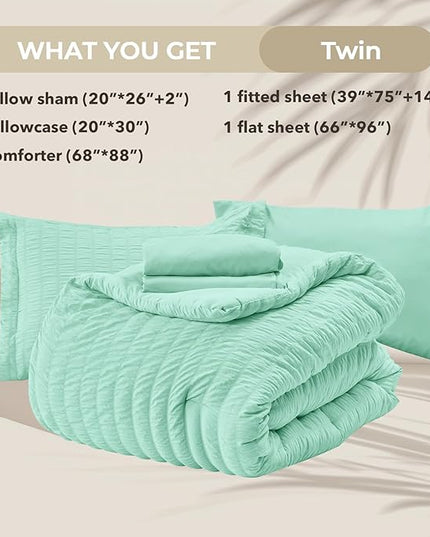 HYMOKEGE Mint Green Twin Comforter Set Seersucker 5 Pieces, All Season Luxury Bed in a Bag for Bedroom, Bedding Set with Comforter, Sheets, Pillowcase & Sham