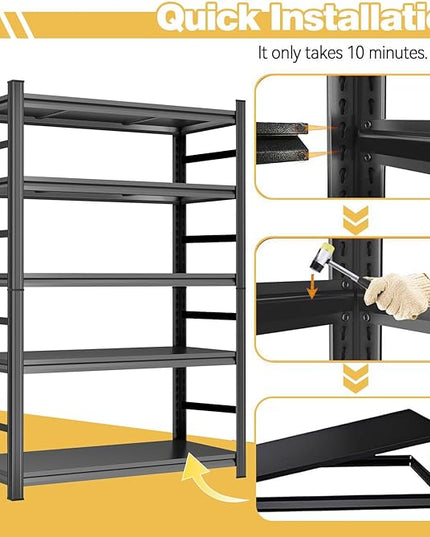 72" H Metal Garage Shelving Unit 3000LBS Metal Storage Shelves 5 Tier Adjustable Shelving Unit Garage Shelves for Kitchen Warehouse Pantry Basement, 72" H x 36" W x 16" D, Black