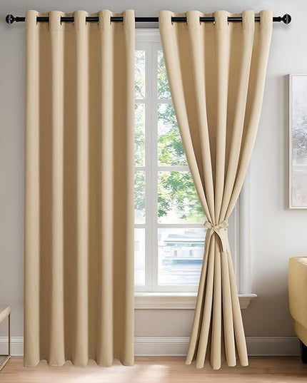 JIUZHEN Beige Blackout Curtains with Tiebacks - Thermal Insulated, Light Blocking and Noise Reducing Grommet Curtains for Bedroom and Living Room, Set of 2 Window Curtain Panels, 60 x 84 Inch Length