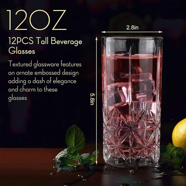 Uiifan Set of 12 Tall Highball Glasses 12 oz Crystal Drinking Glasses Clear Fancy Cups Vintage Textured Designer Glassware for Cocktail Tea Water Beer Soda Beverages, Dishwasher Safe(Stylish Style)