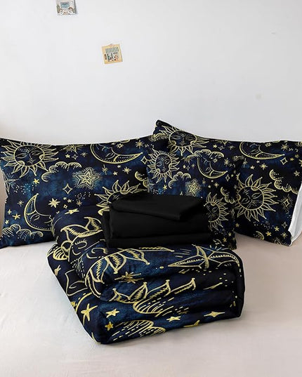 Merryword 8 Pieces Universe Bed in a Bag Sun and Moon Comforter Set Full Size Galaxy Bedding Blue Gold Moon Star Pattern Bohemian Gothic Comforter Set for Boys Girls Women