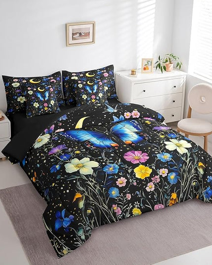 Feelyou 7Pcs Death Moth Comforter Sets Queen Size, Blue Butterfly Decor Moth Flower Garden Comforter Set Bed in a Bag(1 Comforter, 1 Flat Sheet 1 Fitted Sheet 2 Pillowcases and 2 Throw Pillow Covers)