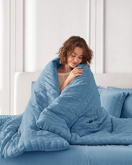 MUXHOMO 7 Pieces Full Comforter Set, Seersucker Bed in a Bag Full Size, All Season Luxury Bedding Set with Comforter, Flat Sheet, Fitted Sheet, Pillowcases & Shams, Mineral Blue