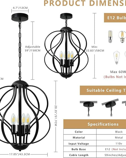 Black Chandelier for Dining Room Light Fixture, 4-Light Modern Farmhouse Chandelier, 17" Large Ceiling Hanging Industrial Pendant Light for Kitchen Island Living Room Foyer Entryway Stair