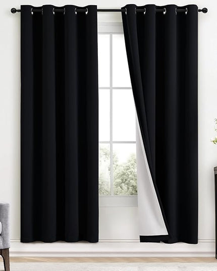 Yakamok 100% Blackout Curtains Black Room Darkening Thermal Insulated Window Curtain with 2 Thick Layers-Set of 2 Panels Grommet Top Drapes for Bedroom Living Room 52 Inches by 72 Inches Length
