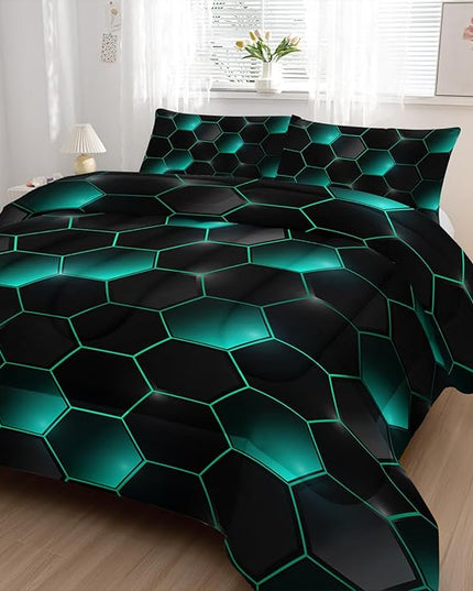 Geometric Black Green Neon Comforter Set,Light Honeycomb 3 Piece Bedding Set King for Teen Boys,Modern Bedding Quilt Set Geometry Decor,Microfiber Lightweight 1 Comforter 2 Pillowcases All Season