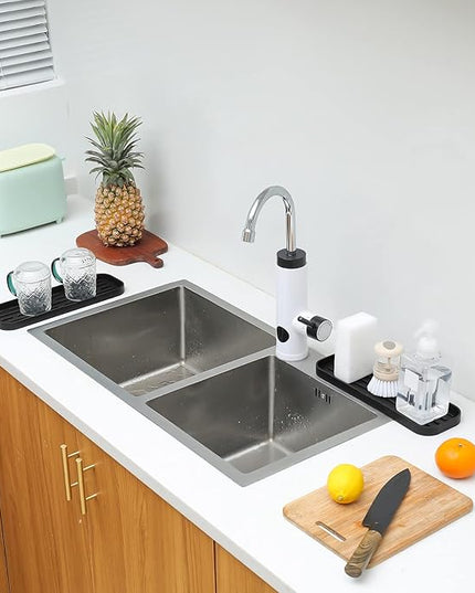 Silicone Kitchen Sink Organizer Tray for Multiple Usage,Eco-Friendly Sponges Holder for Kitchen Bathroom Counter or Sink,Dish Soap Dispenser,Scrubber,Bottle,Cup (Black, 12"×4")