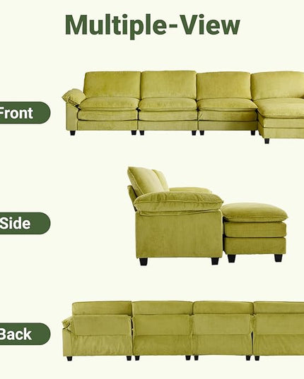 VINGLI 156" Cloud Corduroy Sectional Sofa, Comfy L-Shaped Extra Deep Seat Sofa Couch for Living Room,Modern 4-Seat Convertible Loveseat Sofa with Ottoman for Small Space(Olive Green)