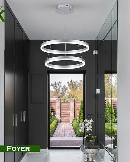 2-Rings Modern LED Chandelier Silver for Dining Room, Circular Flush Mount Ceiling Chandelier Light Dimmable Pendant Light with Remote Control for Living Room Entrance Foyer, 3000K-6500K