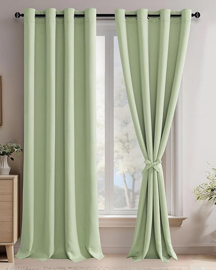 JIUZHEN Light Green Blackout Curtains with Tiebacks Thermal Insulated, Light Blocking and Noise Reducing Grommet Curtains for and Living Room, Set of 2 Window Curtain Panels, 52 x 96 Inch Length