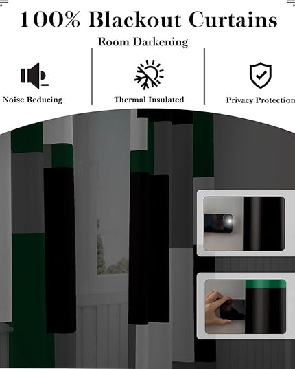Green 100% Blackout Curtains for Bedroom 108 inch Extra Long 2 Panels Set Hunter Green Grey Modern Abstract Geometric Black Out Curtains Room Darkening Window Drapes for Living Room, 52Wx108L