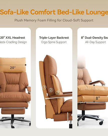 Reclining Office Chair with Footrest - 25.6" Wide Seat & Adjustable Seat Depth, Big and Tall High Back Leather Executive Home Office Desk Chair 400lbs, Brown